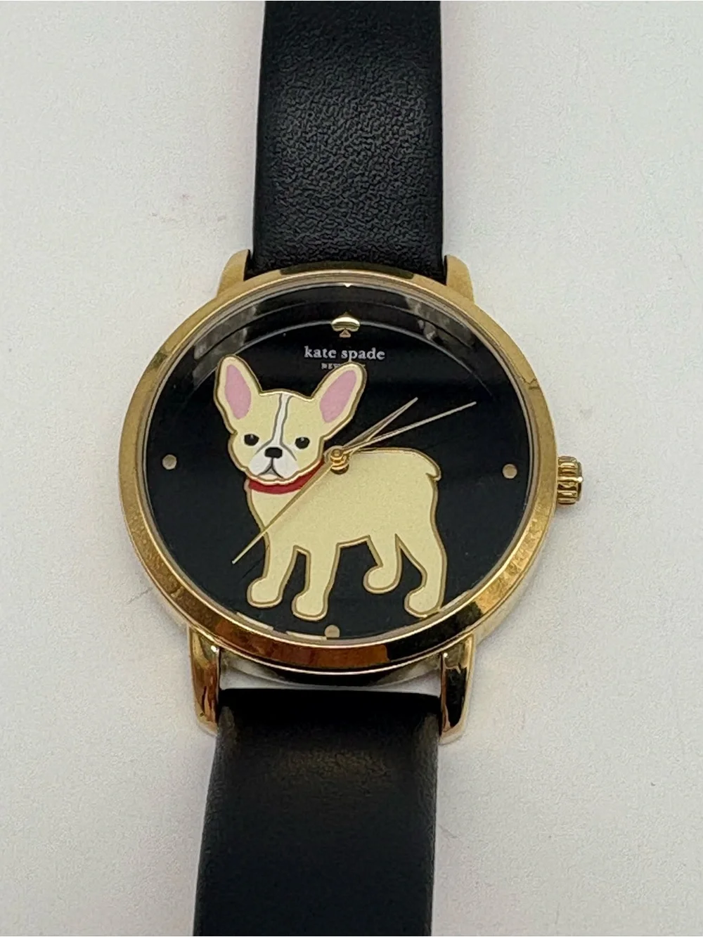 KATE SPADE Metro Black Gold Bulldog Puppy Dog Leather Watch